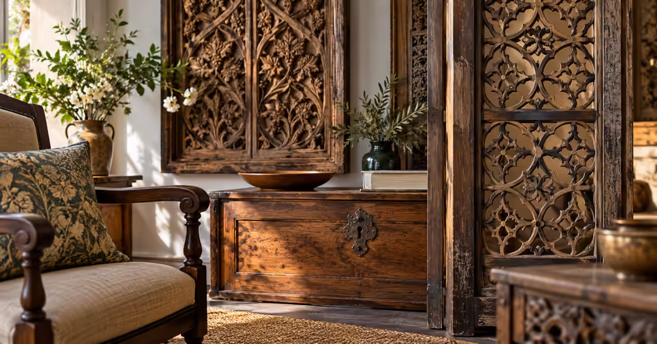 Decorative carved panels used as elements in interior design