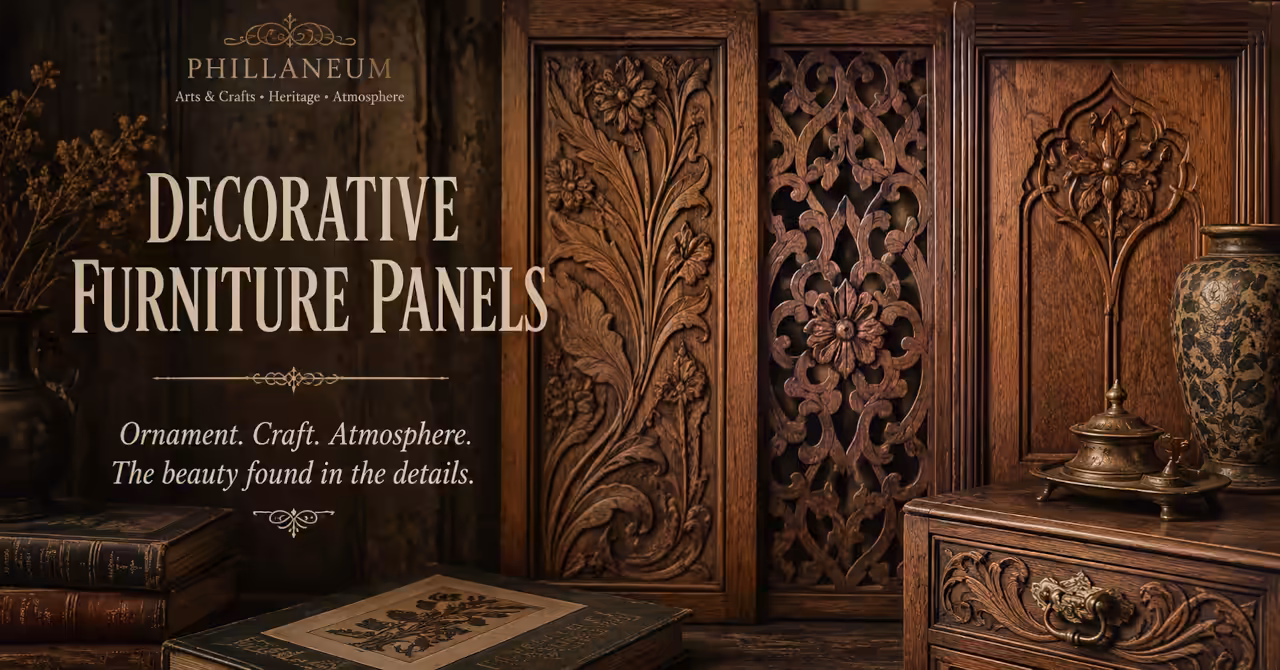 Victorian decorative furniture panels with carved timber, layered ornament, warm lamplight, and shadowed interior atmosphere in Phillaneum style.