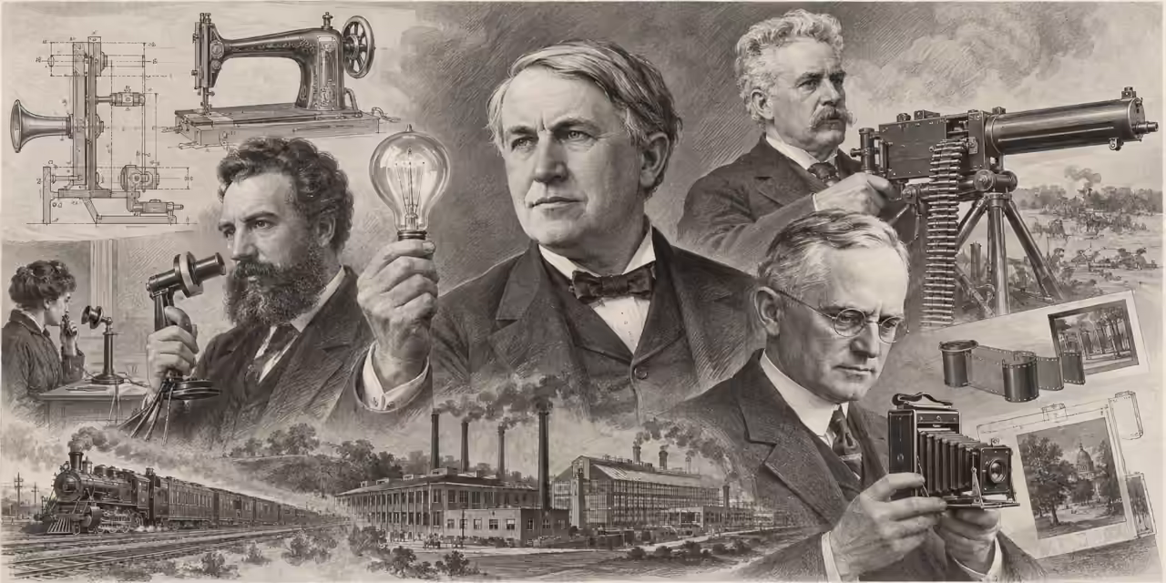 1902-style lithograph of Bell, Edison, Maxim and Eastman surrounded by inventions, patent drawings, machinery and industrial scenes.
