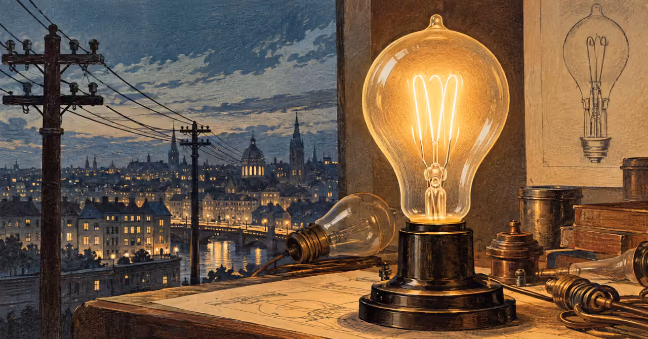 1902-style lithographic scene of a glowing incandescent lightbulb overlooking an electrified city, with wires, lamps and engineering drawings.