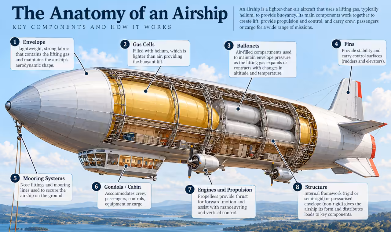 Cutaway infographic showing the envelope, helium gas cells, ballonets, framework, gondola, engines, fins and mooring systems of an airship.