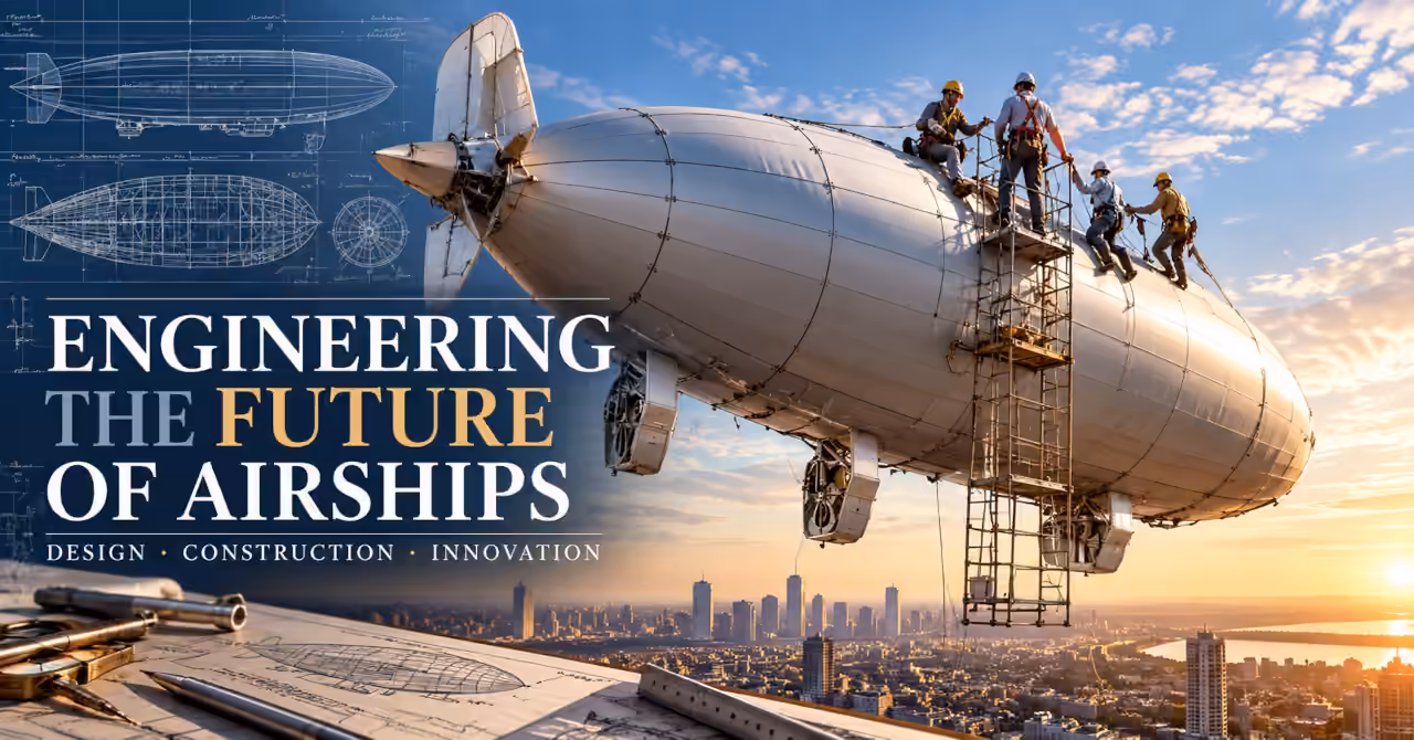Modern airship under construction above a city, with engineers on scaffolding, technical blueprints and the title Engineering the Future of Airships.