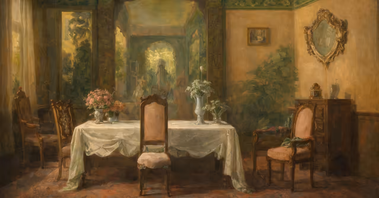 Impressionist-style early 1900s dining room with table, flowers, ornate chairs, and soft light opening to a garden through an interior archway