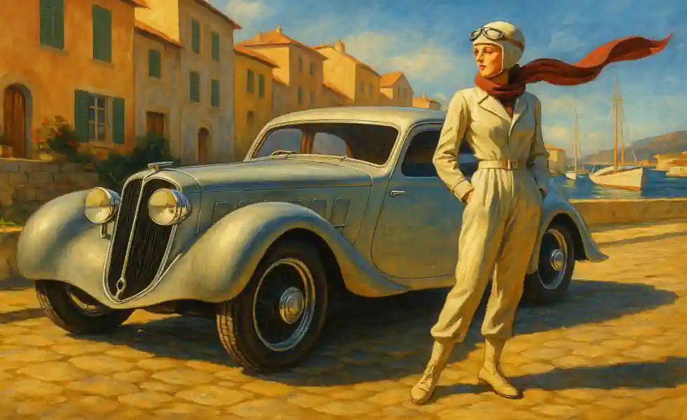1930s streamlined coupe by a sunlit harbour with a woman in driving overalls and goggles, evoking Parisian coachbuilt elegance