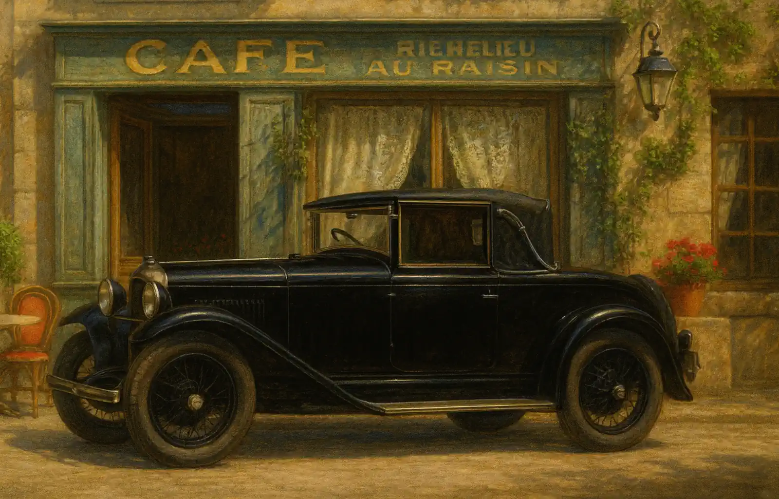 Reimagining of a 1926 Amilcar 6CV Cabriolet Luxe parked outside a provincial French café