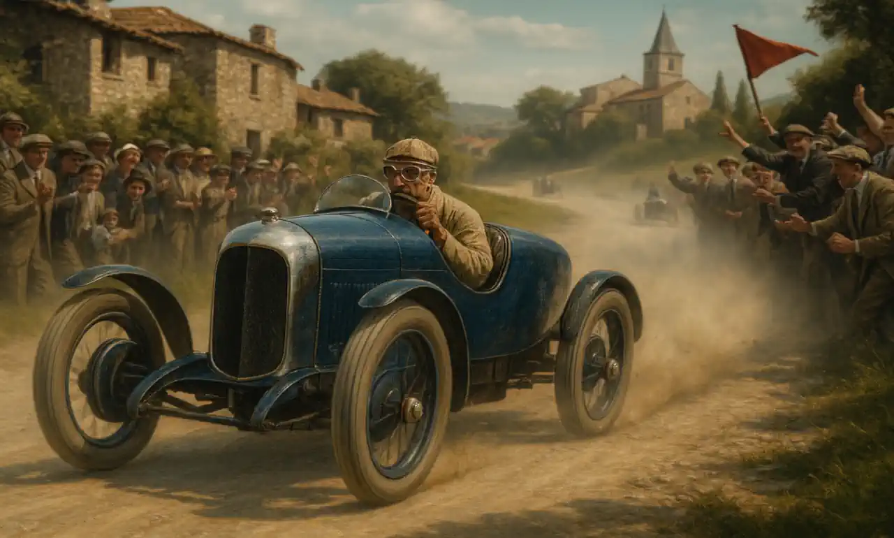 Reimagining of a 1926 Amilcar 7CV Grand Sport competing in a provincial French road race