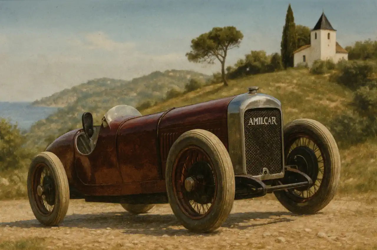 Reimagining of a 1926 Amilcar Course 6 Cylindres two-seat sports car on a sunlit hillside above the French Riviera