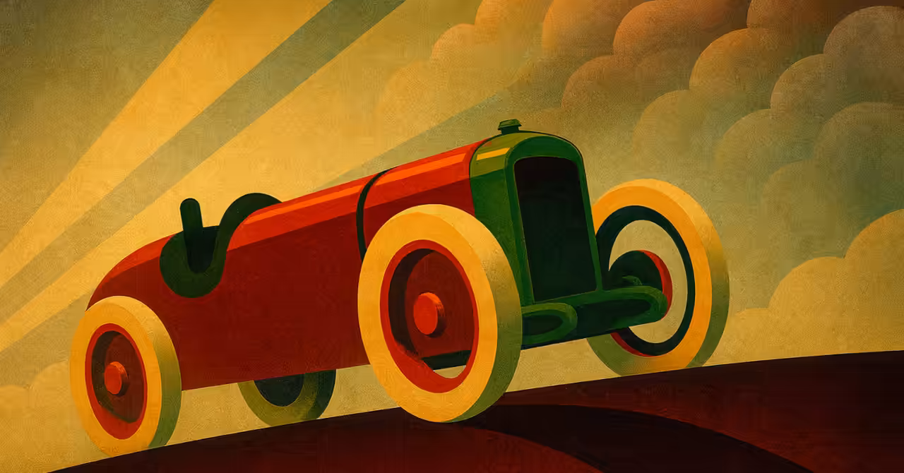 Reimagining of a late-1920s Amilcar sports car climbing a hillside road, rendered in an Art Deco poster style to evoke period advertising aesthetics.