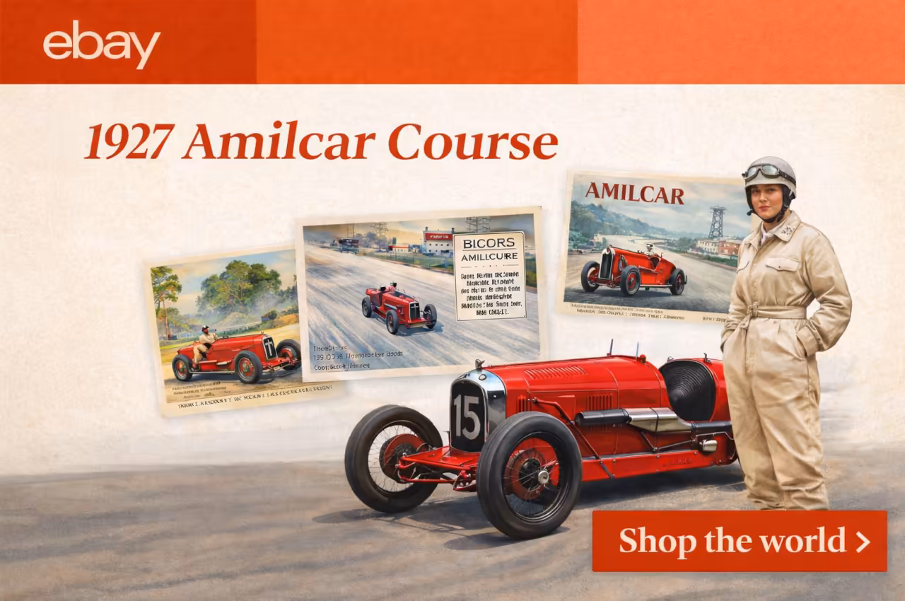 Vintage eBay banner featuring the Amilcar C6 sportscar and memorabilia