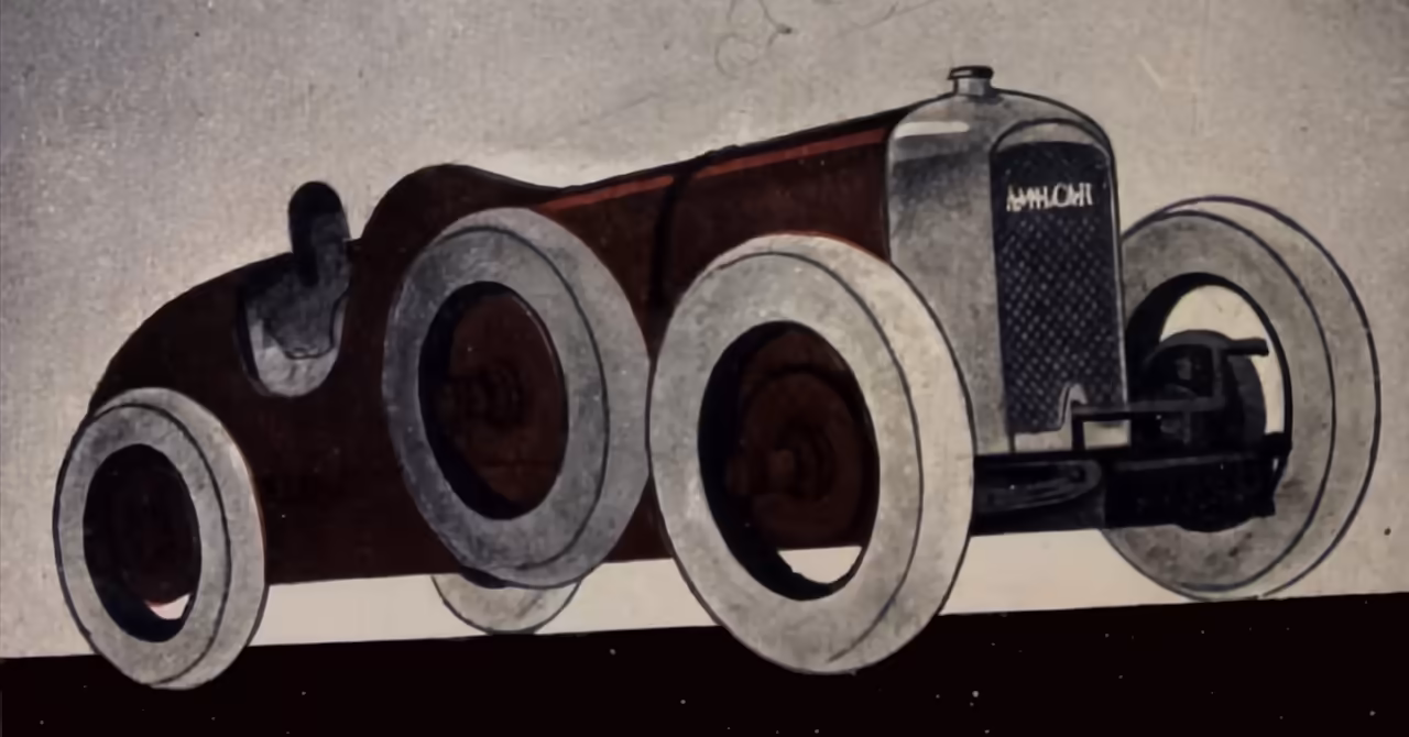 Stylised catalogue illustration of a red Amilcar racing car with large pale tyres and upright grille, rendered in bold, simplified 1920s graphic style.