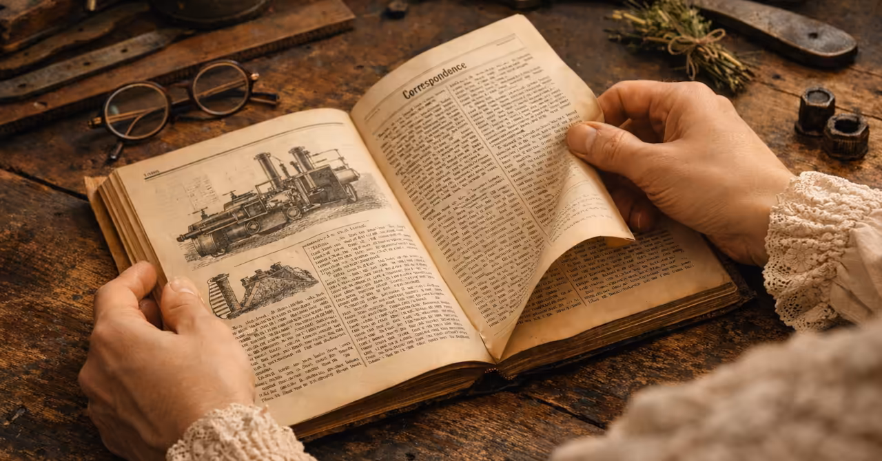 Woman’s hands in lace sleeves reading a Victorian technical journal on a wooden desk with tools and tied herbs nearby.