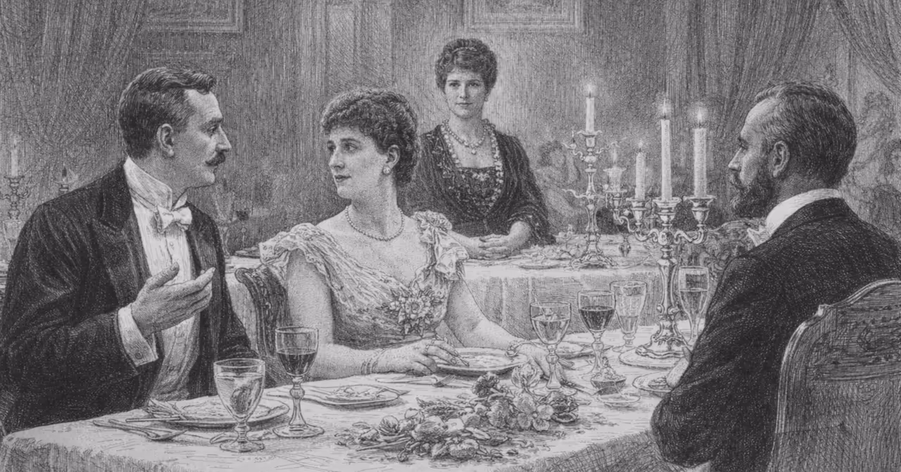 Greyscale illustration of a formal 1890s dinner party, two guests in quiet conversation while the hostess observes from the centre of the table.