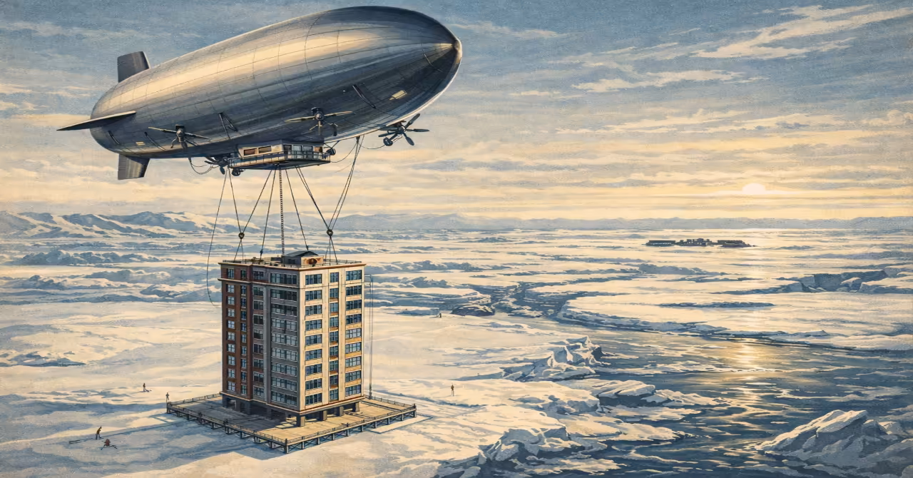 A modern Airship delivering another 10 story high rise building for use at the North Pole