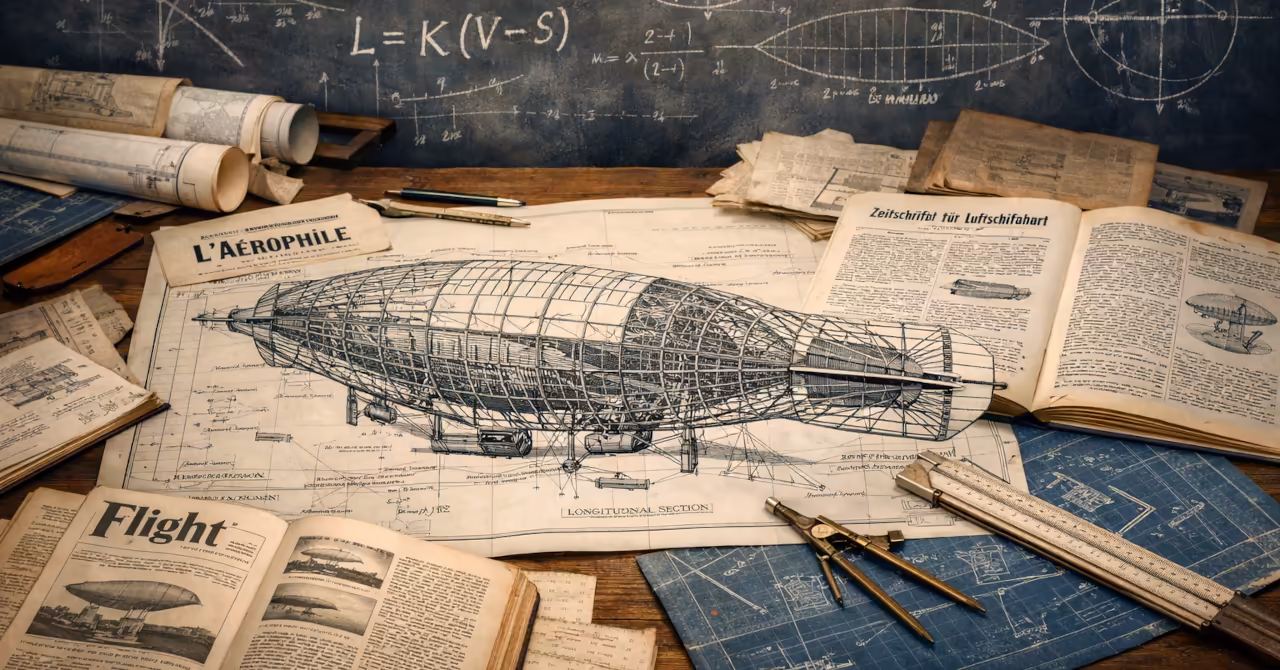 Early 1900s airship blueprint on a drafting table surrounded by technical journals, blueprints, instruments, and chalkboard equations.