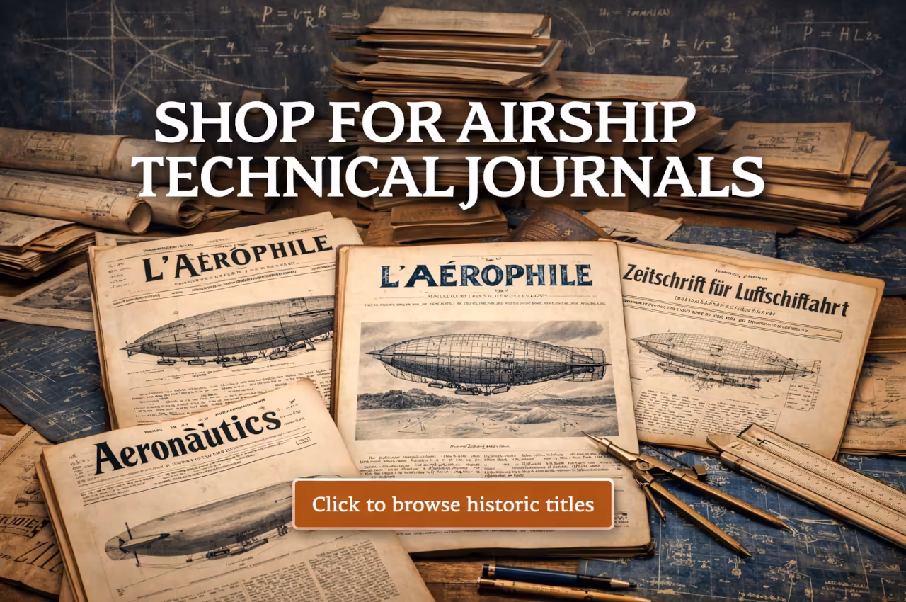 Vintage airship technical journals and blueprints spread across a drafting table with engineering tools and chalkboard equations in the background.