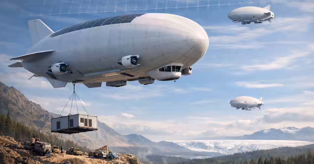 Modern hybrid airship lowers modular cargo to a remote mountain site while secondary airships hover above forest and glacier under a solar-patterned sky.