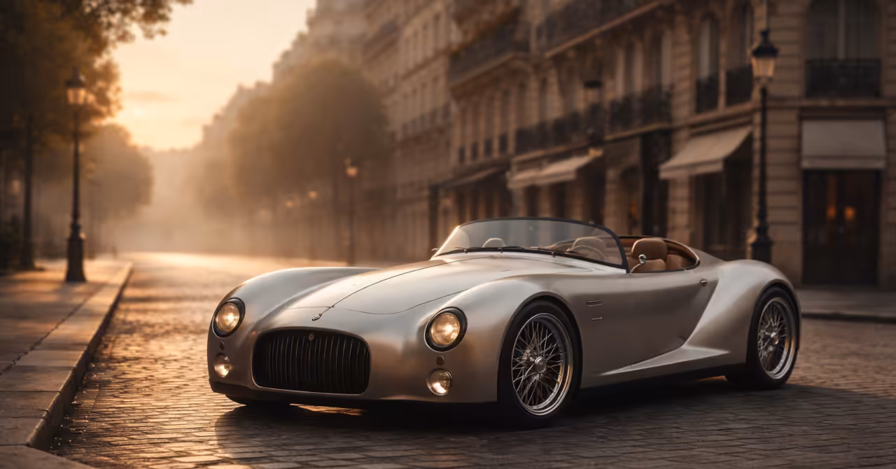 Modern reinterpretation of a 1930s Amilcar roadster on a Paris street at dawn, with soft golden light, cobblestones, and minimalist elegant design.