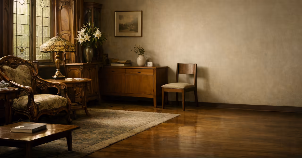 Transitional interior with Art Nouveau curves beside early modern simple furniture in soft natural light