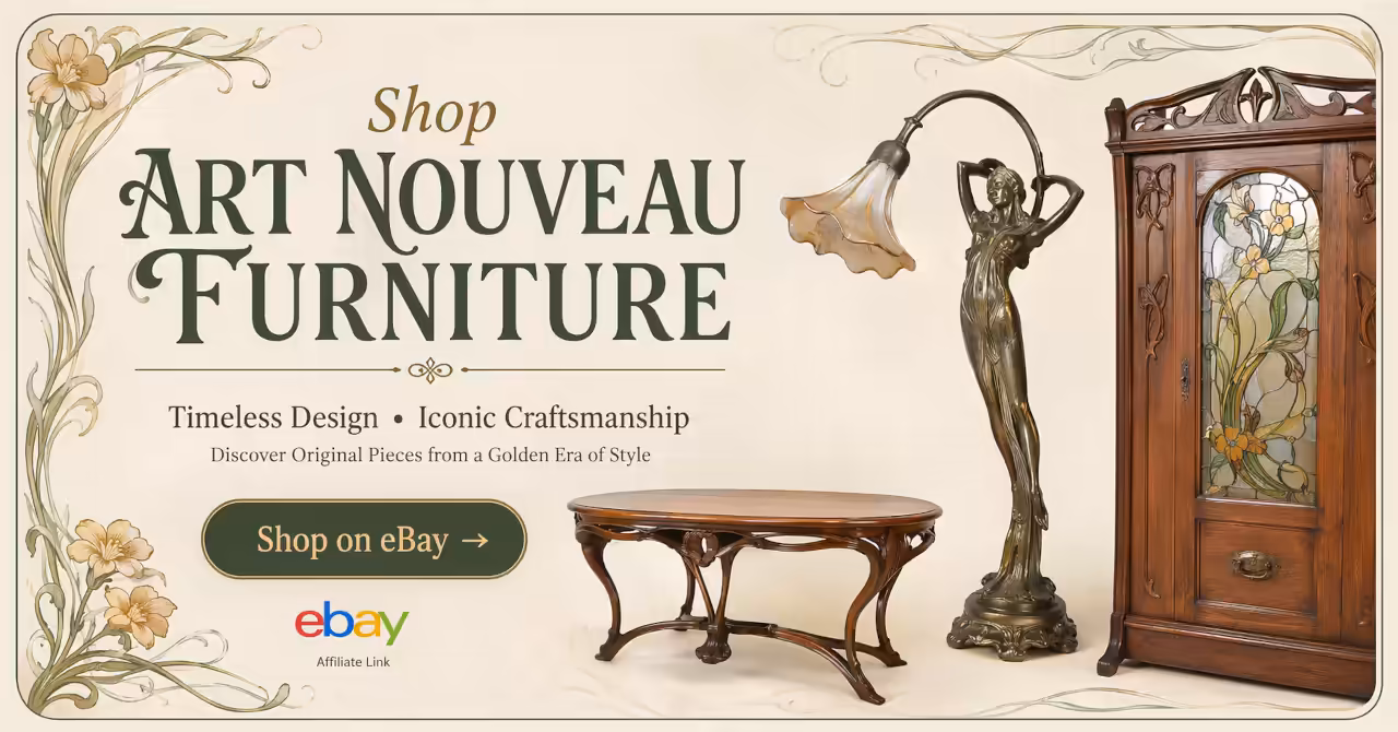 Promotional banner inviting readers to browse Art Nouveau furniture on eBay, featuring flowing wood designs, a display cabinet, mirror, and decorative lamp in period style.