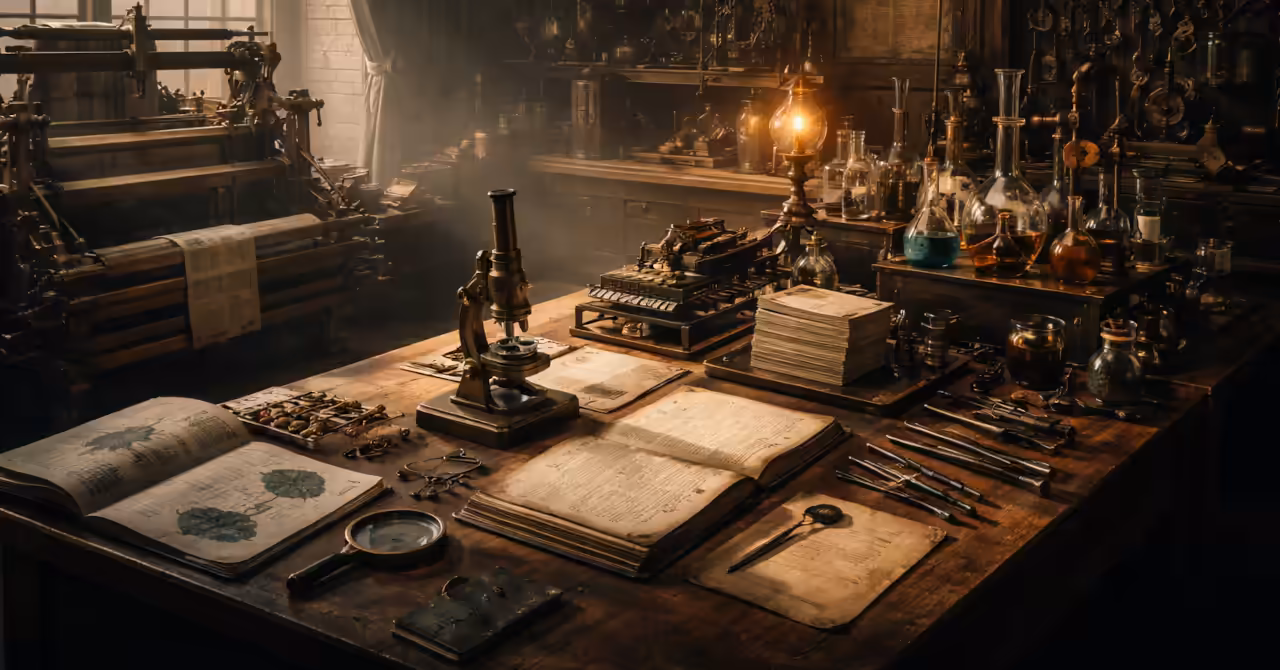 Victorian workshop with loom, telegraph gear, manuals, and lab tools suggesting an early convergence of GRIN technologies.