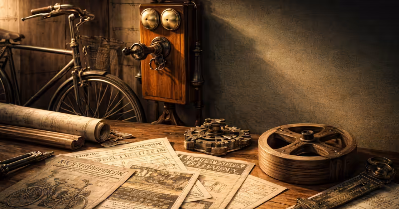 Editorial collage of 1893 industrial advertisements with bicycle, telephone, pulley, and trade documents arranged in warm sepia light.