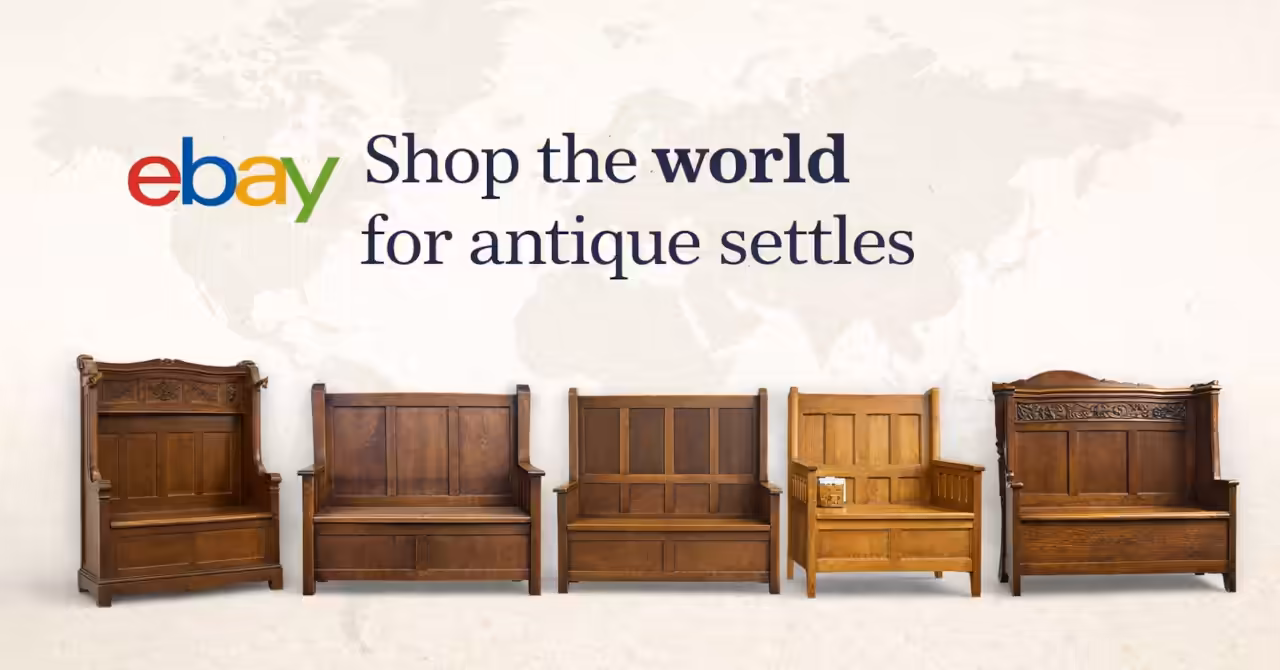 Promotional banner inviting readers to browse antique settles on eBay, showing a range of Victorian and Arts and Crafts wooden bench seats against a world map backdrop.