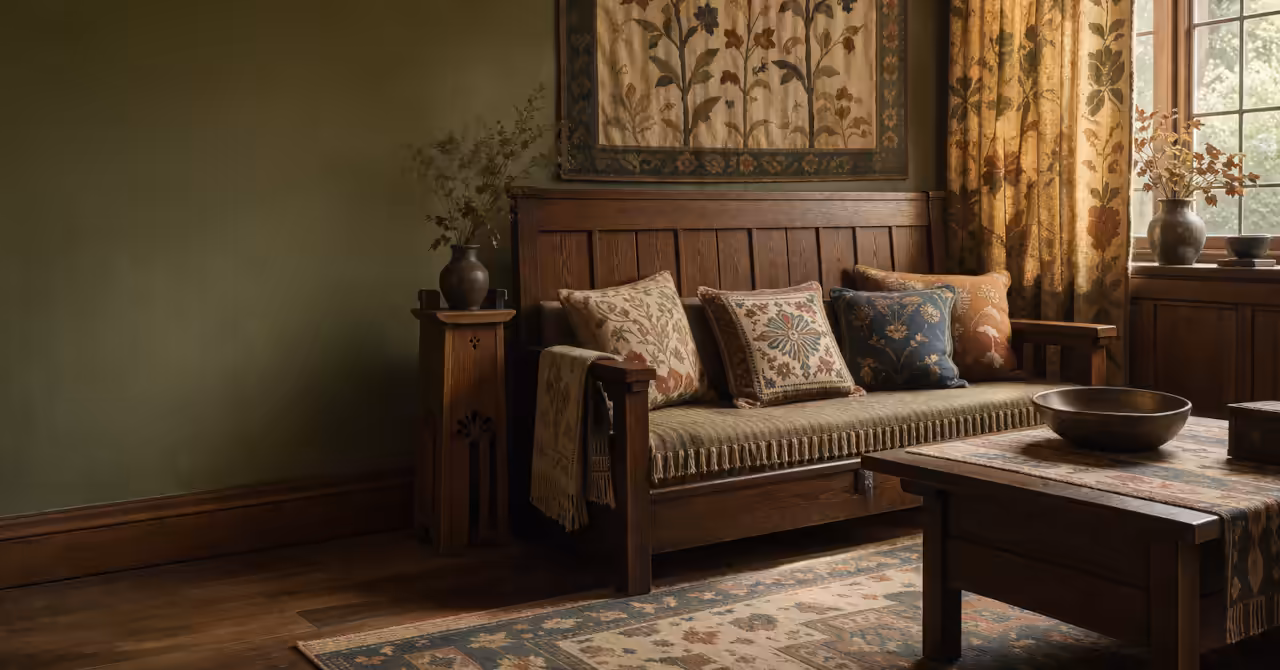 Arts and Crafts interior with embroidered textiles, woven curtains, timber furniture, and soft natural light in a unified period room