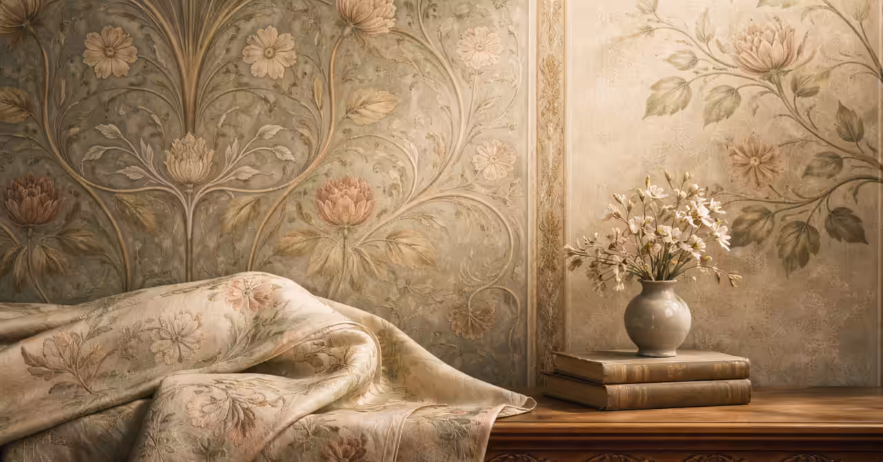 Hero banner of stylised Arts and Crafts leaves, flowers, and vines across textile and wallpaper surfaces with soft light and space for title text.