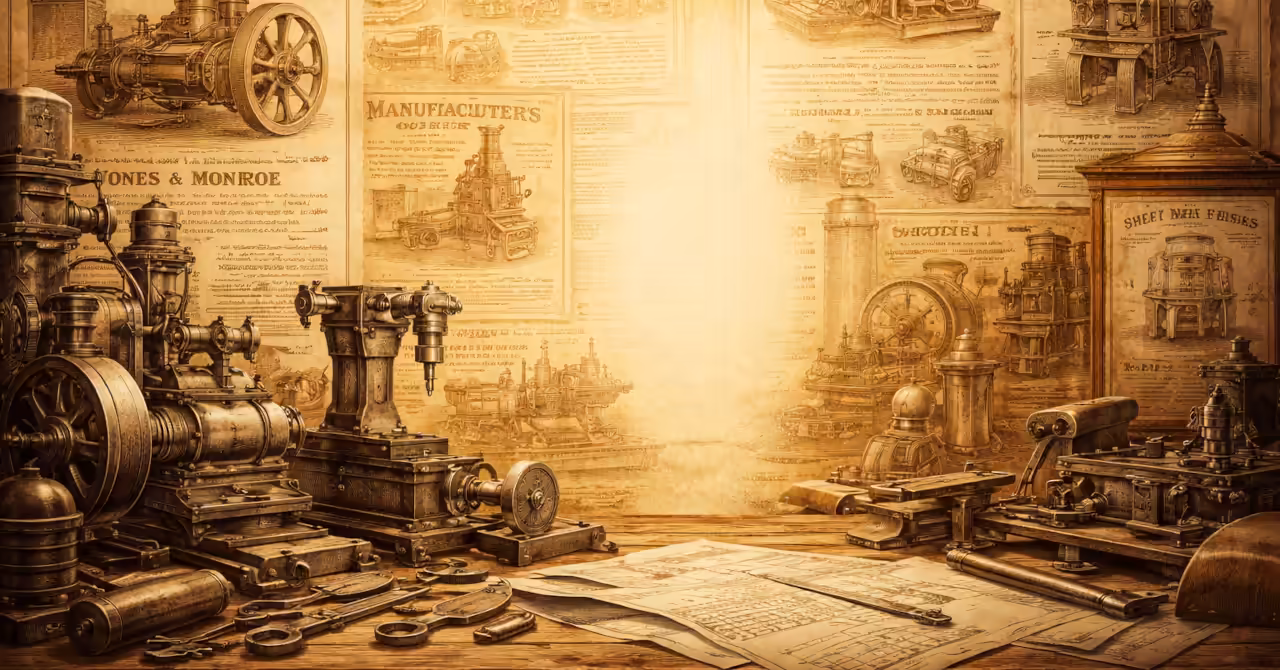 Industrial collage of vintage ads forming a coherent system with machinery and diagrams