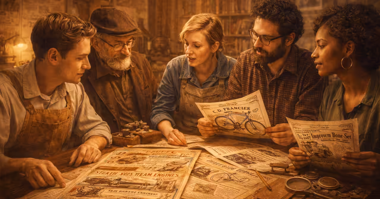 People examining vintage advertisements for ideas and insight