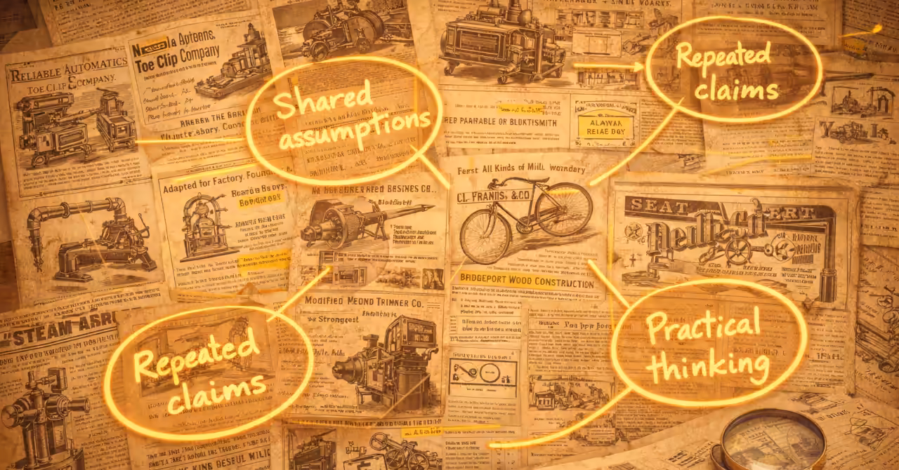 Repeating patterns across vintage advertisements suggesting shared ideas
