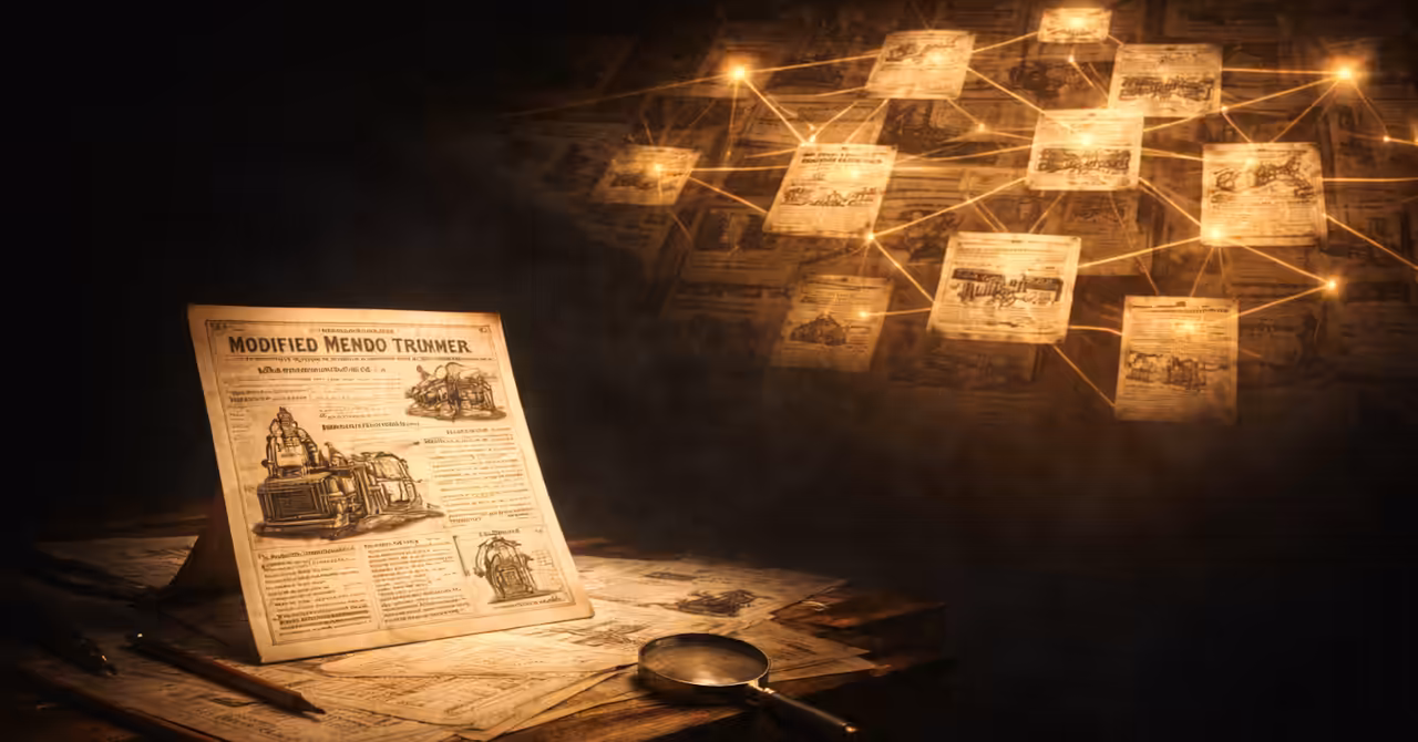 Isolated page contrasted with connected network of artefacts