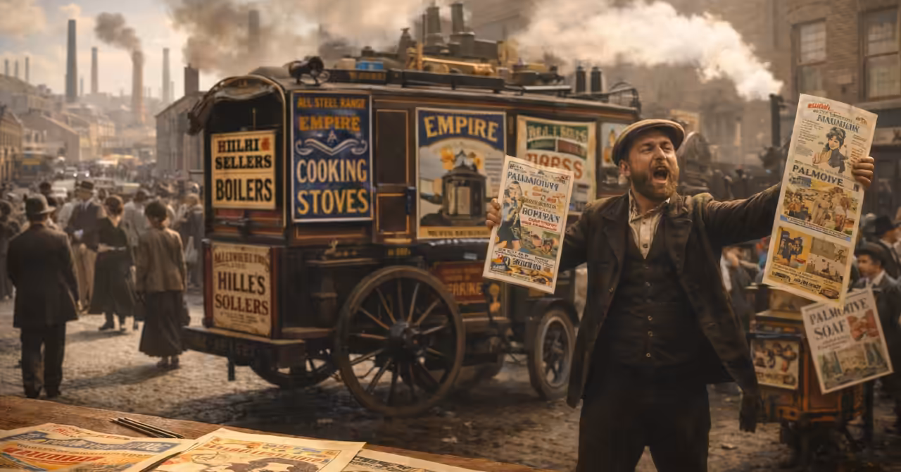 A bustling 1890s street scene with a vendor shouting and waving colourful adverts beside a steam wagon covered in banners, with factories in the background.