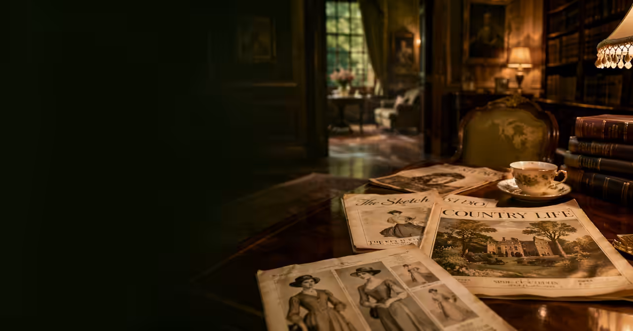 Edwardian reading room with society journals and design magazines, evoking how elite taste and luxury were shaped through print culture.