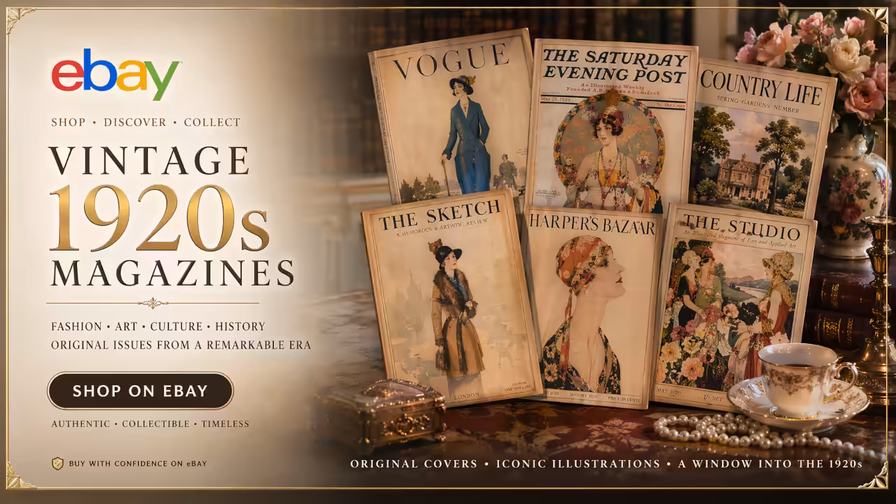 Promotional banner inviting readers to browse vintage 1920s magazines on eBay, illustrated with period magazine covers and collector styling.