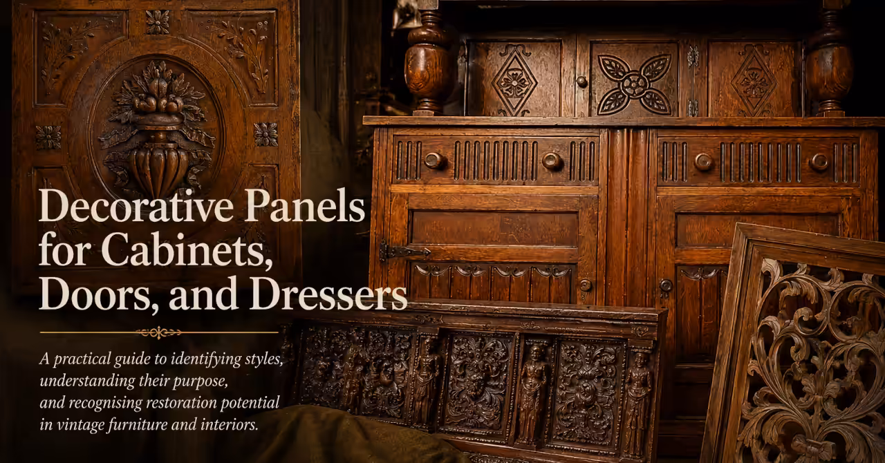 Decorative furniture panels banner featuring carved oak cabinets, fretwork panels, and antique sideboards, showcasing vintage ornament and craftsmanship.