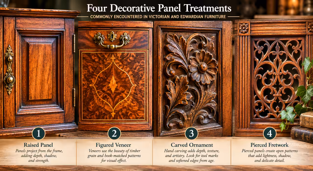 Comparative study showing four decorative furniture panel treatments: raised panel construction, figured veneer, carved ornament, and pierced fretwork commonly found in Victorian and Edwardian furniture.