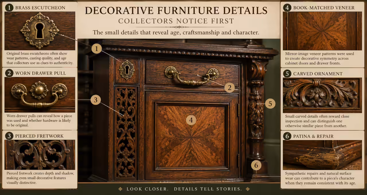 Visual guide to decorative furniture details collectors notice first, including brass escutcheons, drawer pulls, pierced fretwork, veneer, carved ornament, and patina.