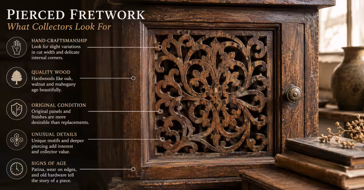 Antique cabinet with pierced fretwork panel showing hand-cut details, aged timber, original hardware, patina and collector identification points.