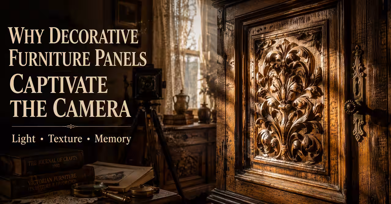 Ornately carved antique furniture panel illuminated by warm side light beside a vintage camera in a historic interior rich with texture and shadow.