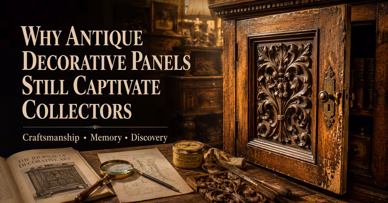 Antique carved wooden cabinet panel beside restoration tools, books, and plans in a warmly lit collector's workshop.