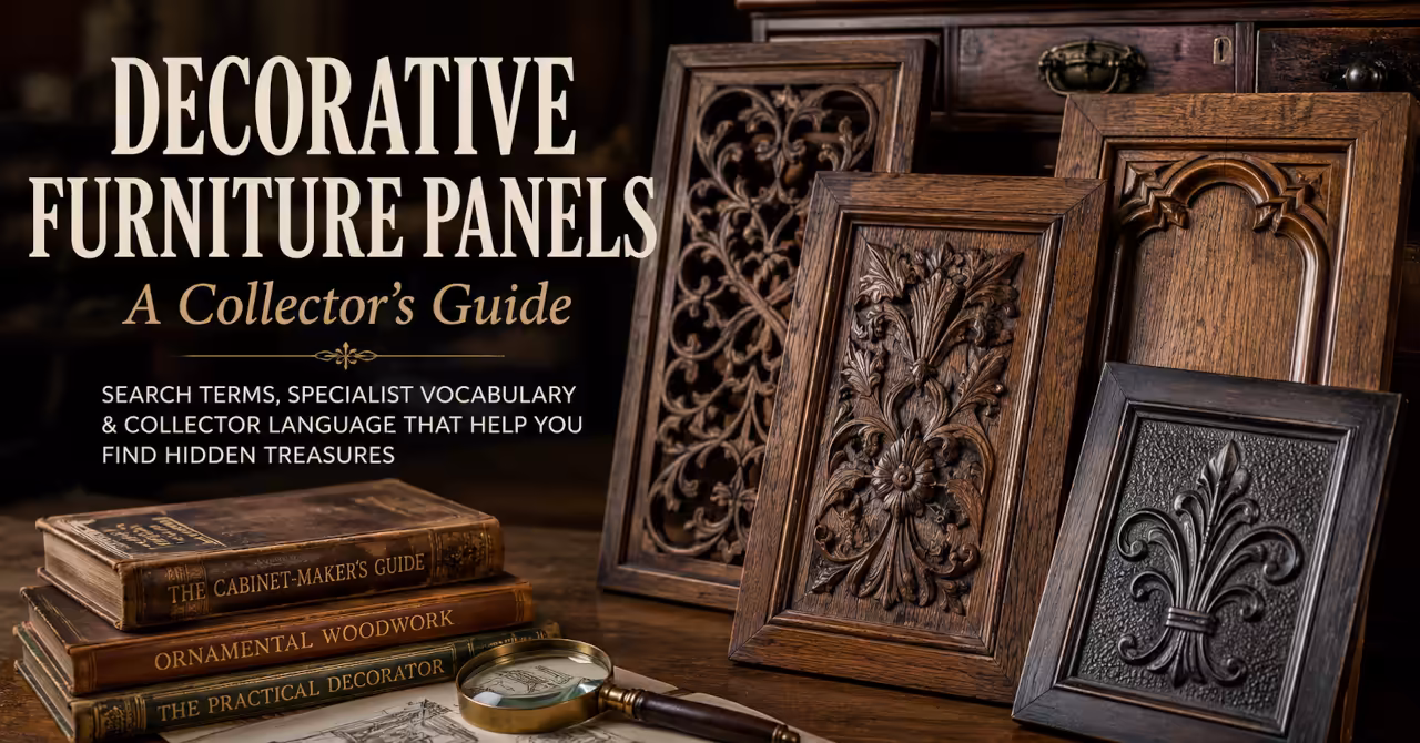 Decorative furniture panels displayed in a collector's workshop, featuring carved oak ornament, pierced fretwork, embossed detailing, antique reference books, and a magnifying glass arranged on a timber workbench.