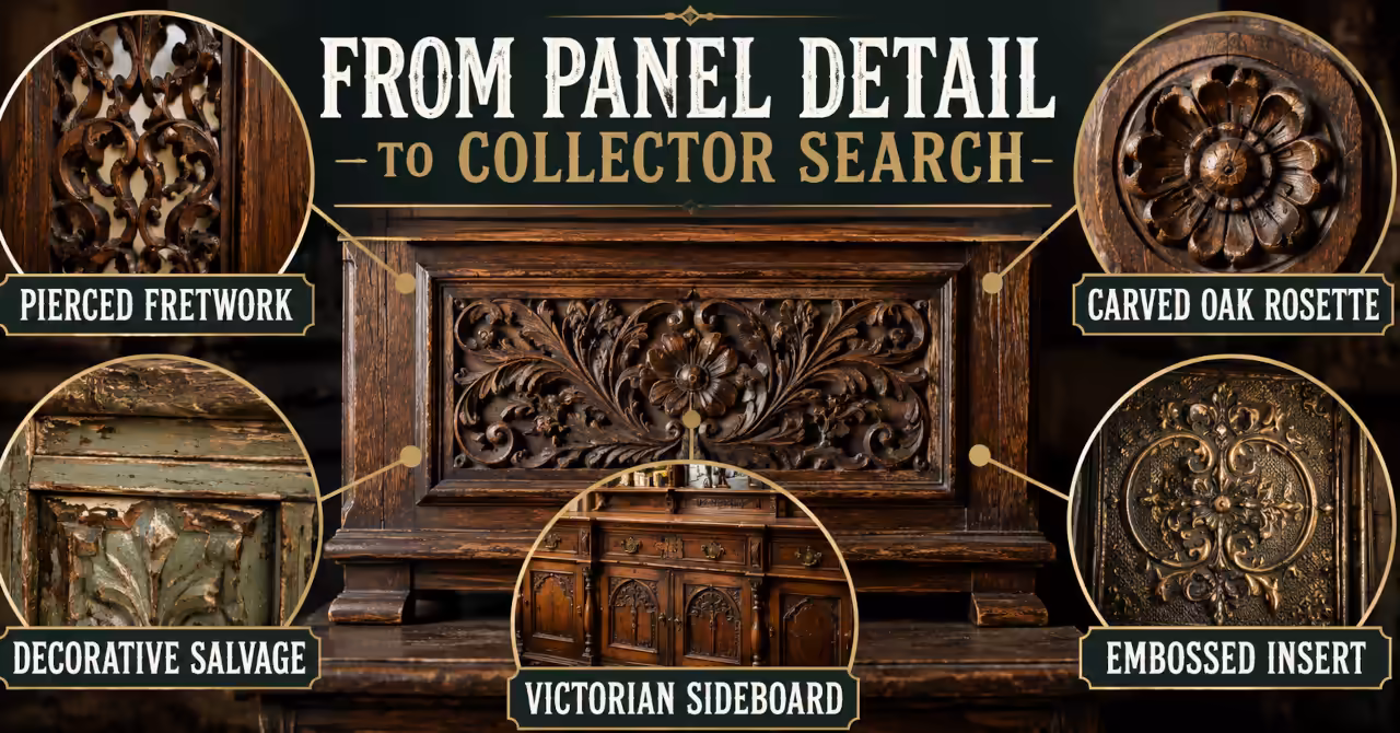 Infographic showing decorative furniture panel details labelled as pierced fretwork, carved oak rosette, embossed insert, salvage fragment, and Victorian sideboard.