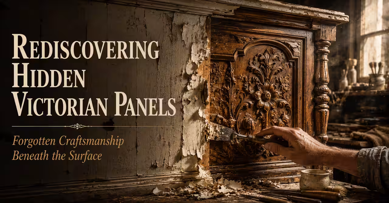 Victorian carved timber fretwork panel displayed in a warm Arts and Crafts interior with soft lighting and layered decorative textures.