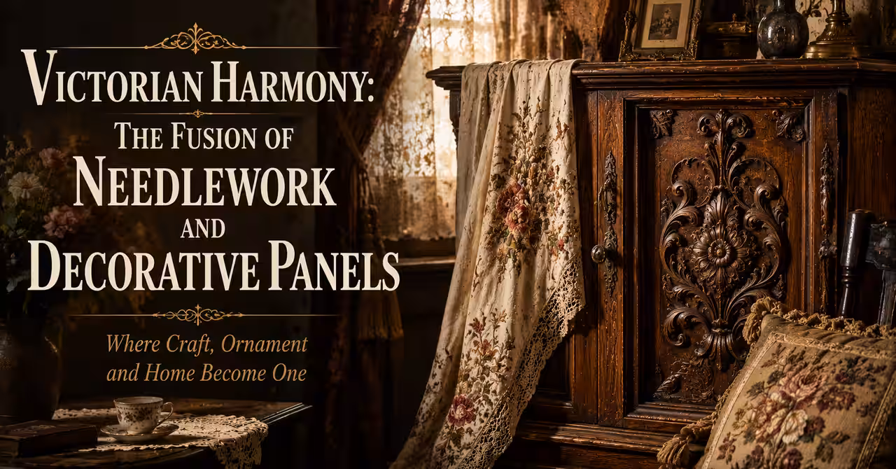 Victorian carved timber fretwork panel displayed in a warm Arts and Crafts interior with soft lighting and layered decorative textures.