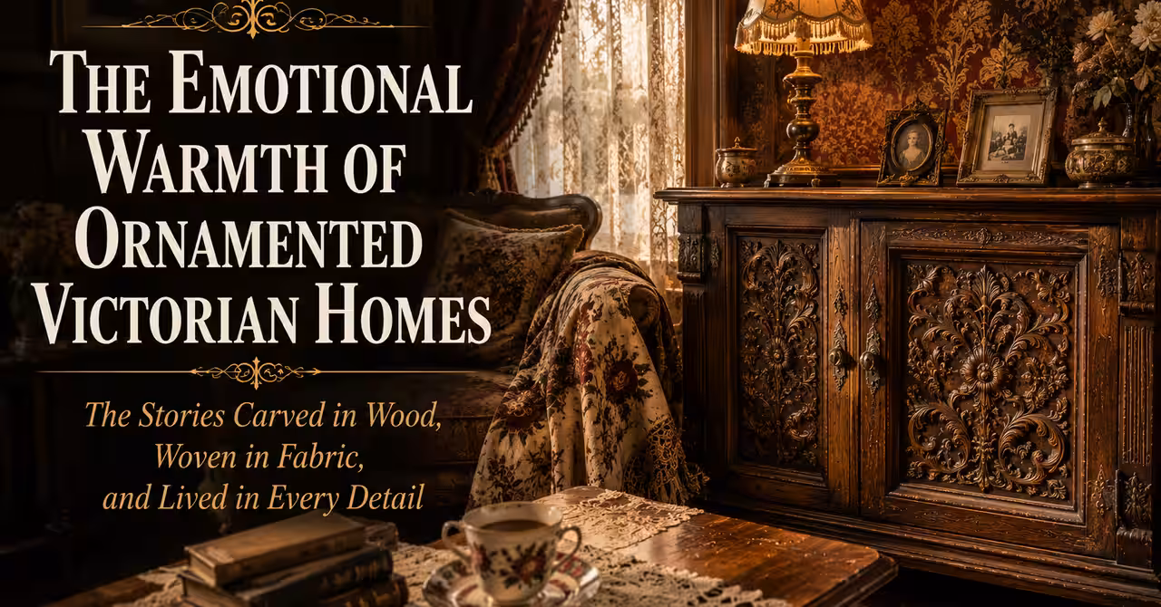 Victorian carved timber fretwork panel displayed in a warm Arts and Crafts interior with soft lighting and layered decorative textures.