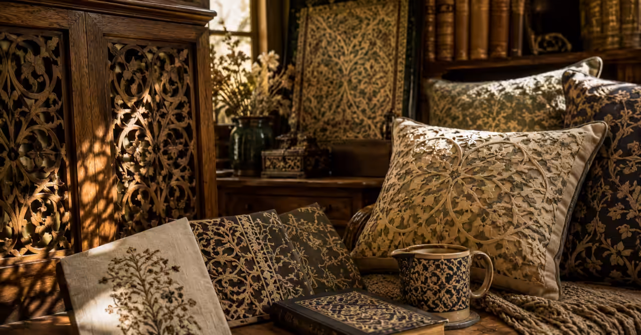 Victorian fretwork cabinet beside embroidered pillows, patterned textiles, books and a decorative mug in warm afternoon light.
