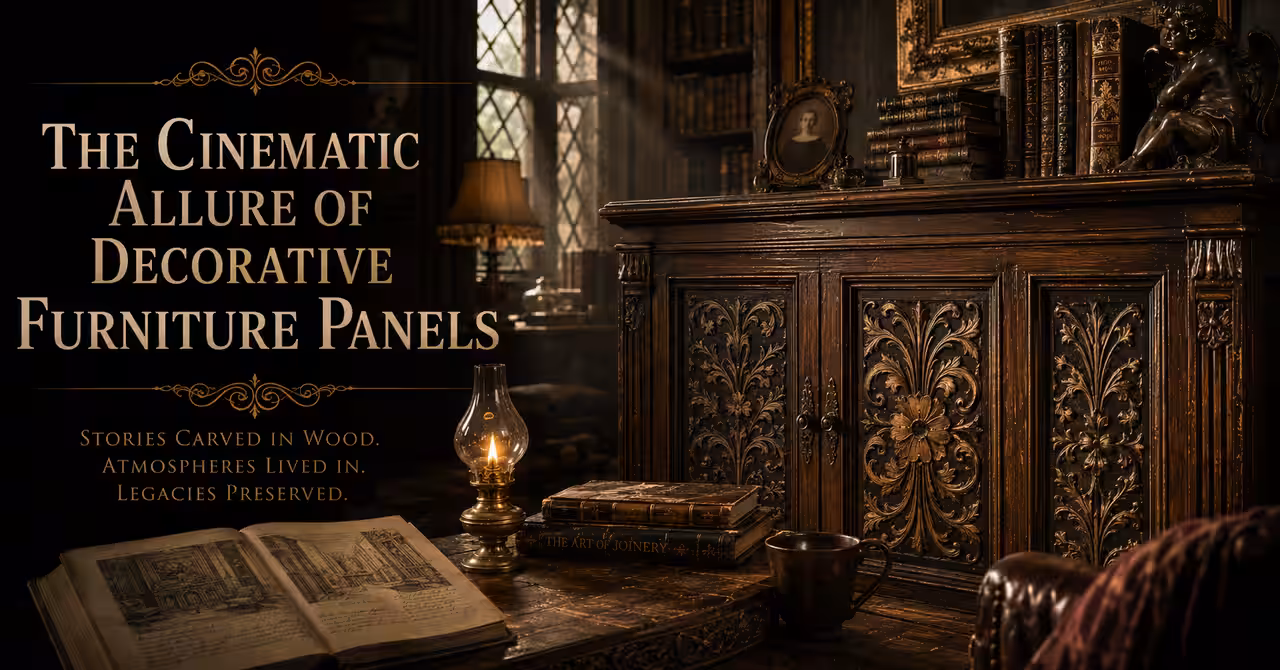 Victorian carved timber fretwork panel displayed in a warm Arts and Crafts interior with soft lighting and layered decorative textures.