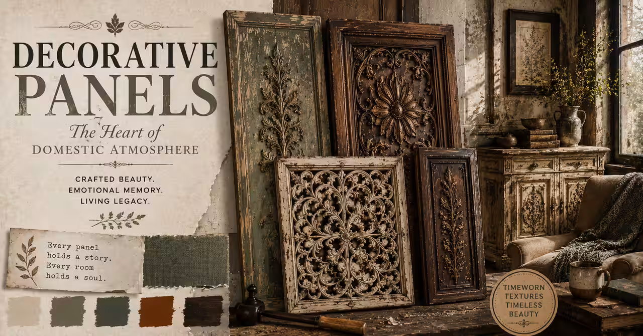 Victorian carved timber fretwork panel displayed in a warm Arts and Crafts interior with soft lighting and layered decorative textures.