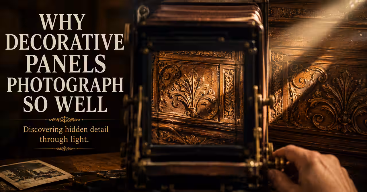 Victorian carved timber fretwork panel displayed in a warm Arts and Crafts interior with soft lighting and layered decorative textures.